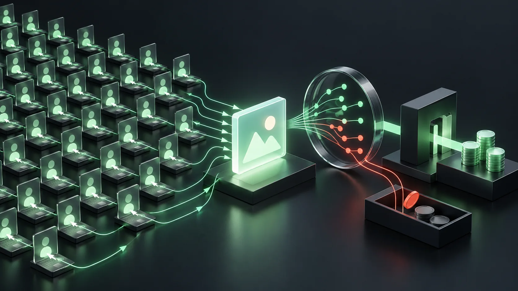 Click farm detection illustration showing repeated device traffic, advertising attribution and payout review.
