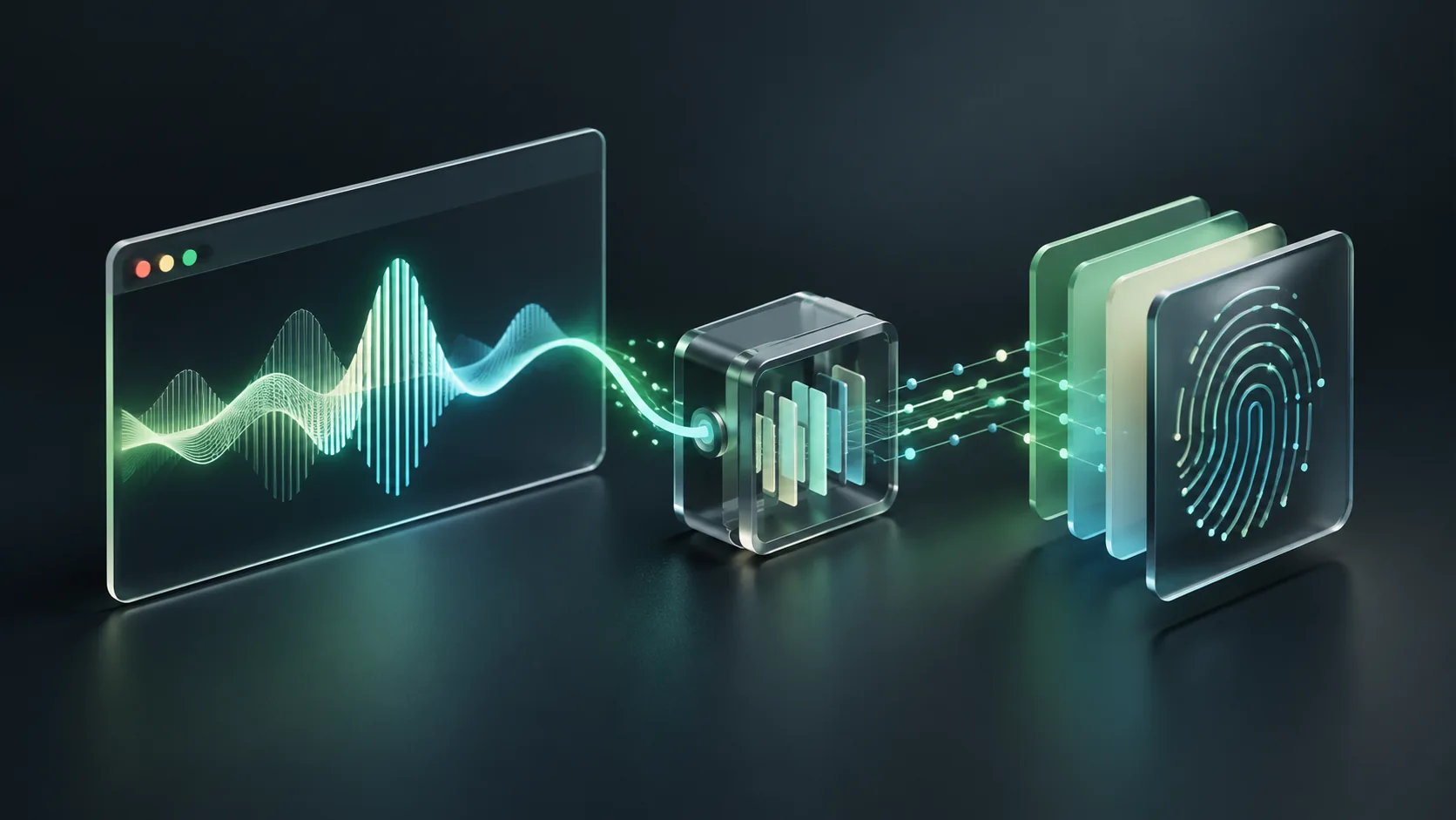 Audio fingerprinting illustration showing a browser waveform processed into a device signal.