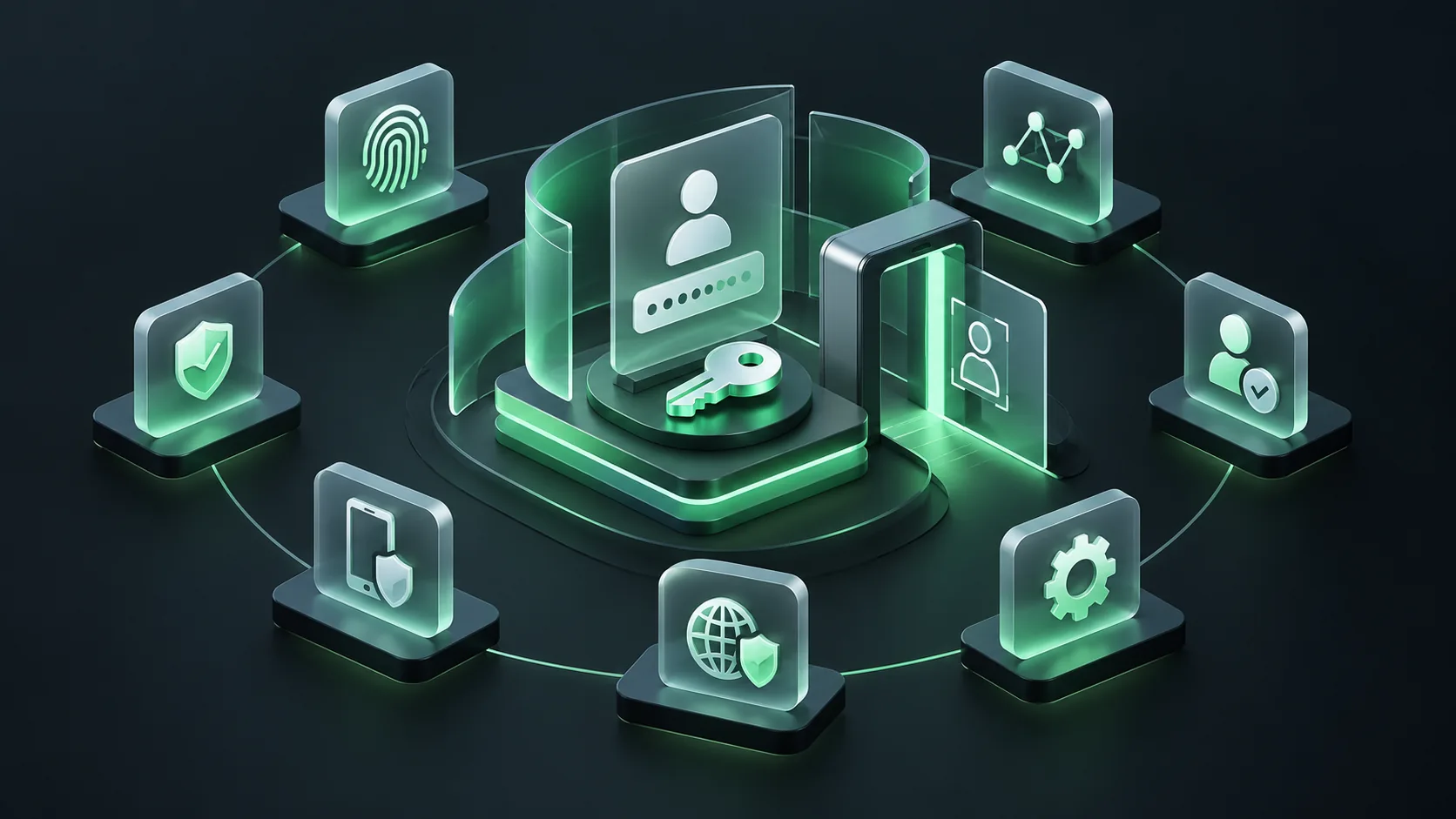 Account takeover prevention tools illustrated with login controls, a passkey and session risk review modules.