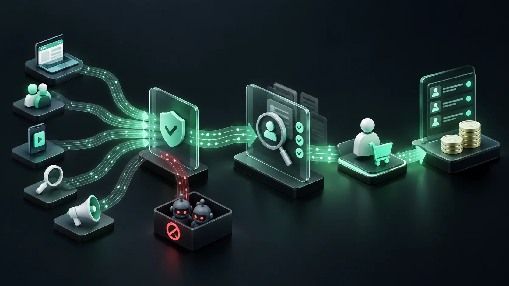 Affiliate fraud detection tools illustrated with referral traffic, qualified conversions and commission review.
