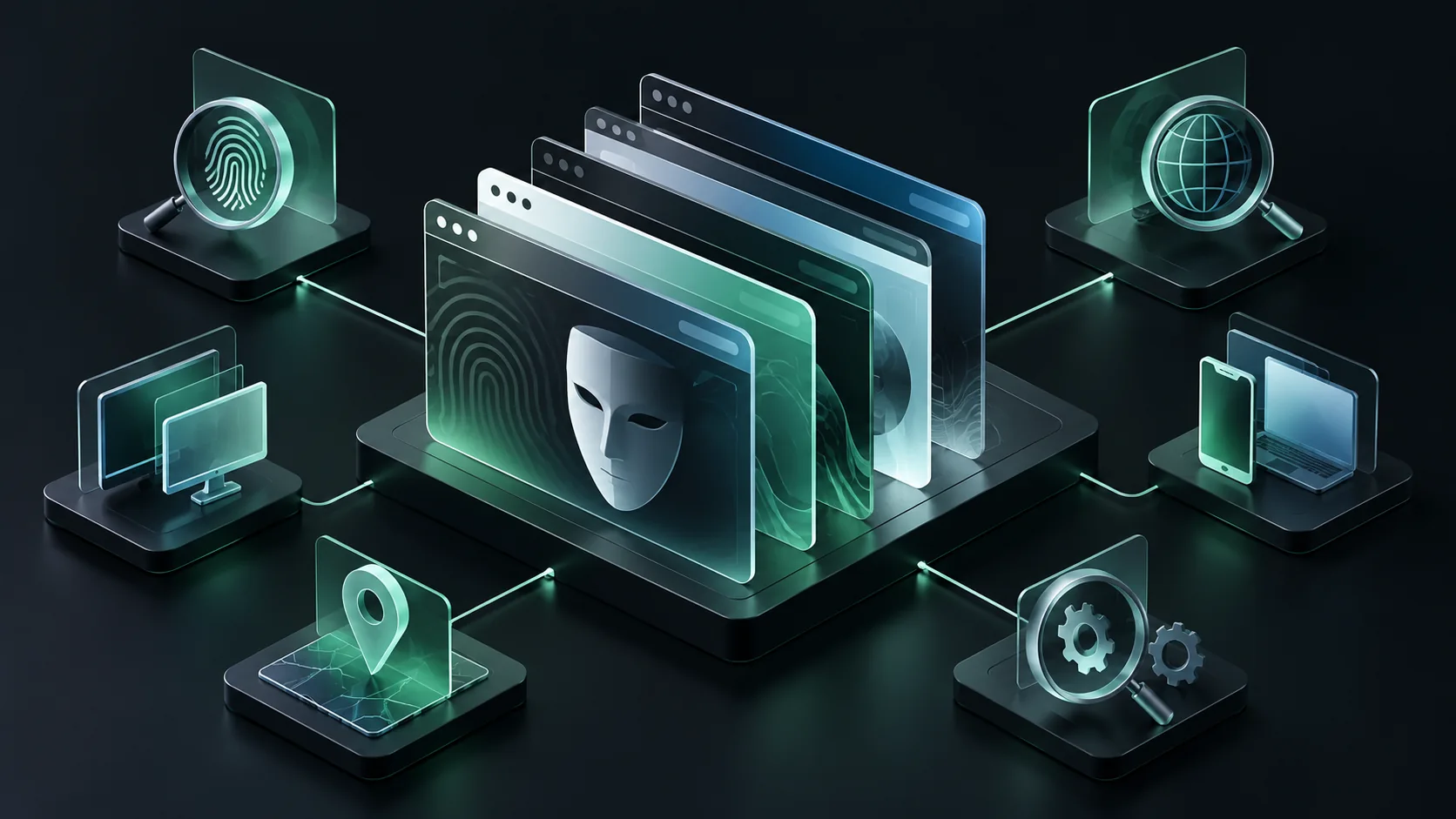 Anti-detect browser detection tools illustrated as modules inspecting browser profiles and device signal consistency.