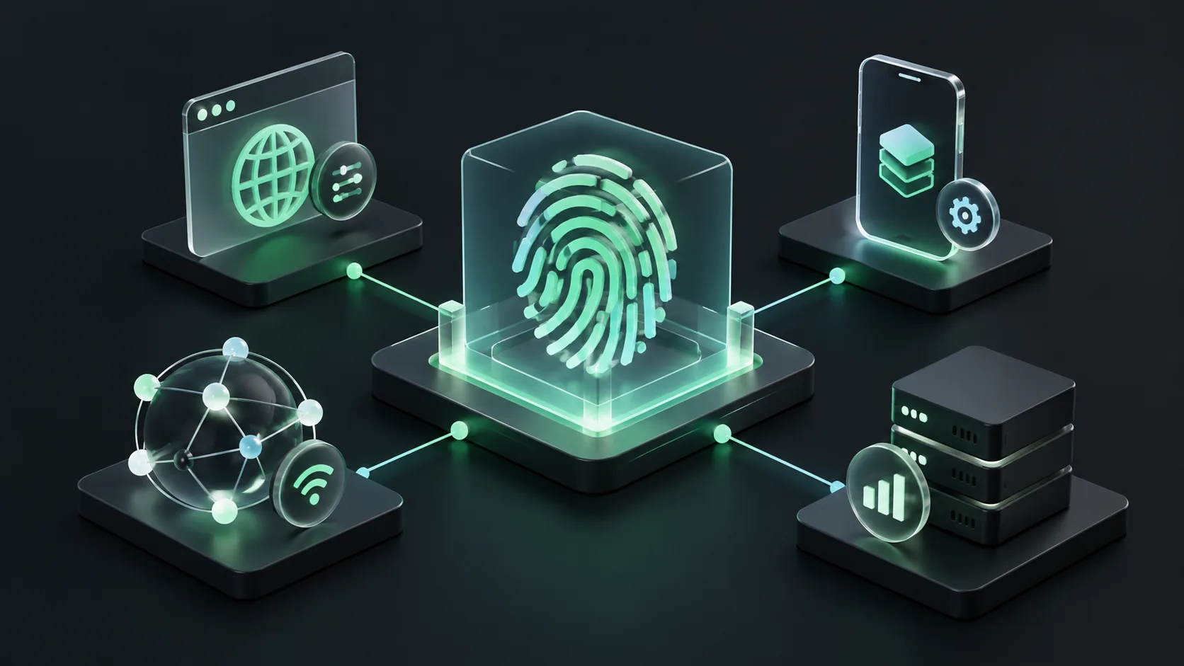 Device fingerprinting solutions illustrated with browser, mobile, network and server-side identification signals.