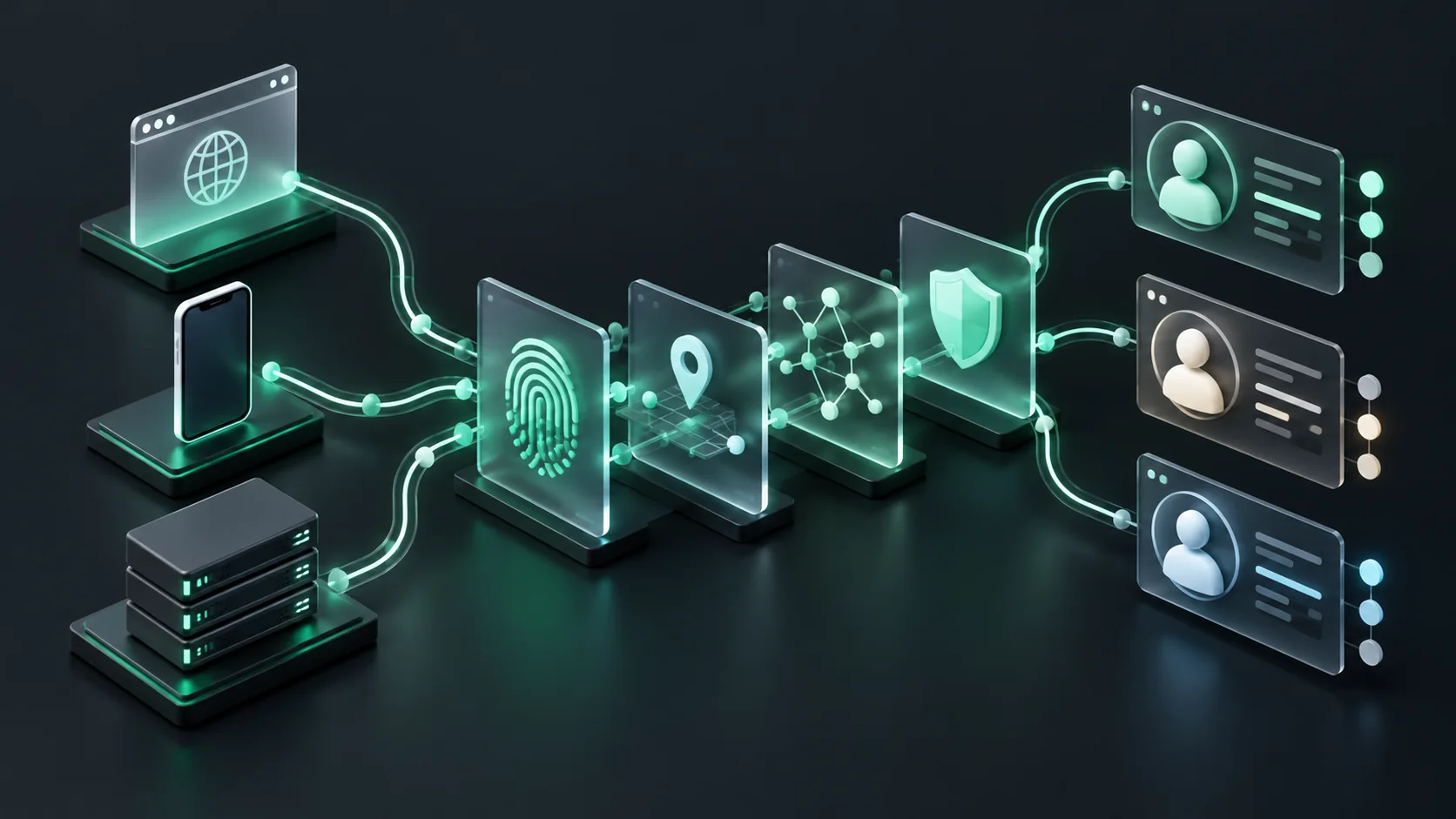 Device intelligence platforms illustrated by connections between device signals, server events and account history.