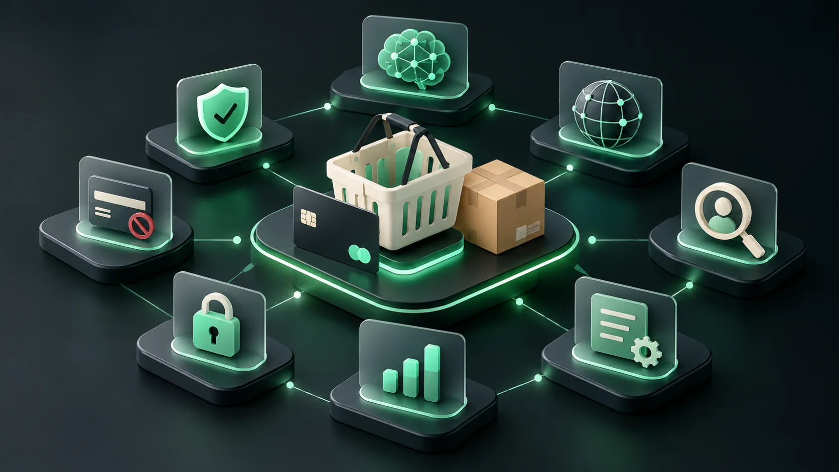 Ecommerce fraud prevention tools illustrated with checkout, payment, order and manual review controls.