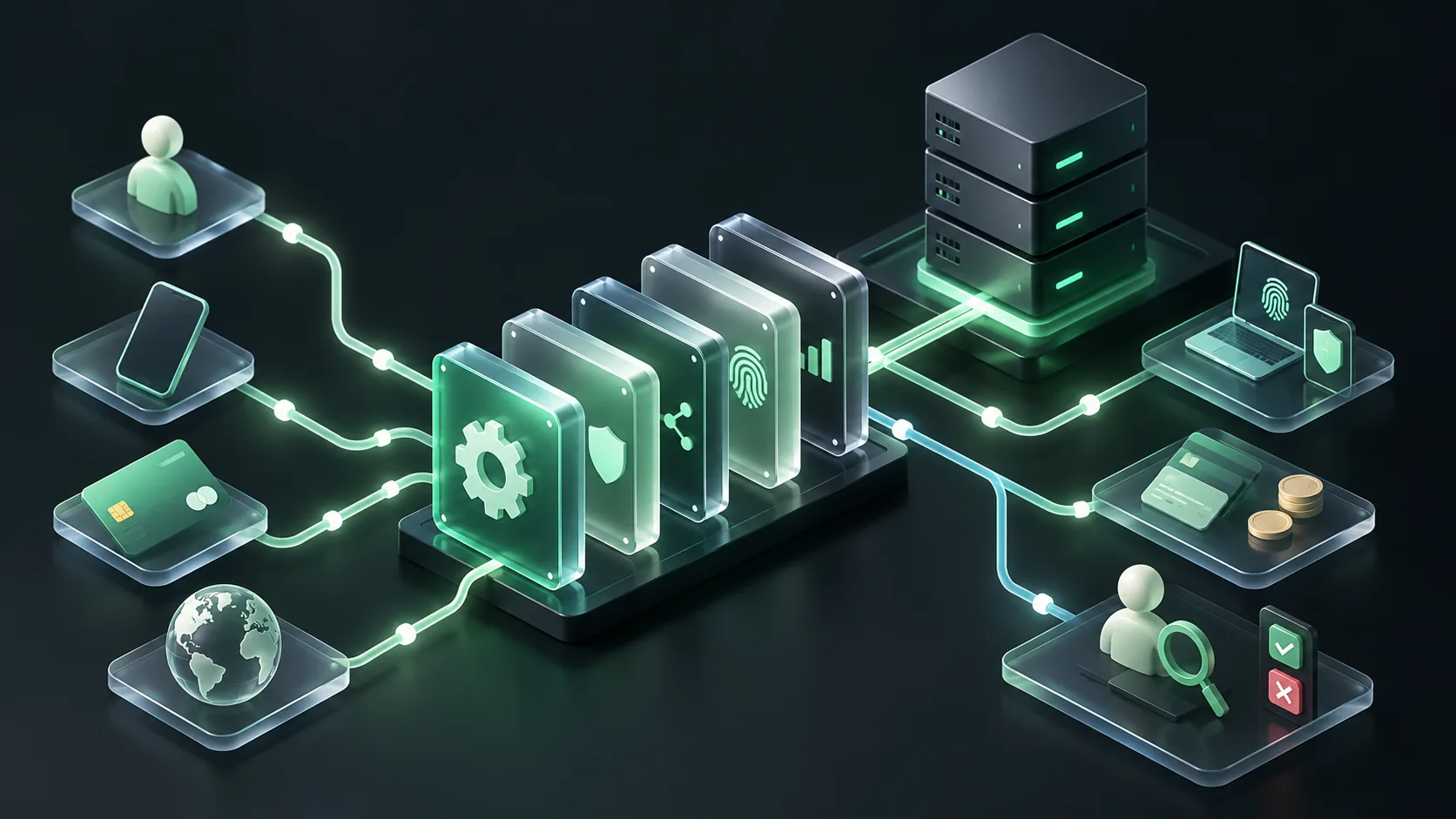 Fraud detection APIs illustrated as connected gateways for device, payment and account risk evidence.