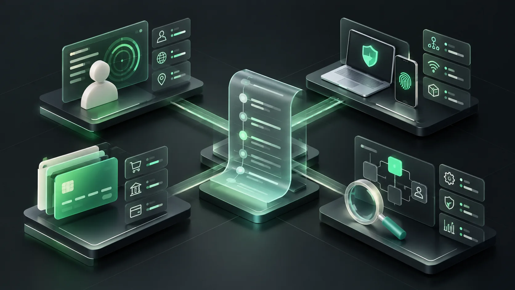 Fraud detection software illustrated with account risk, device evidence, payment review and audit modules.