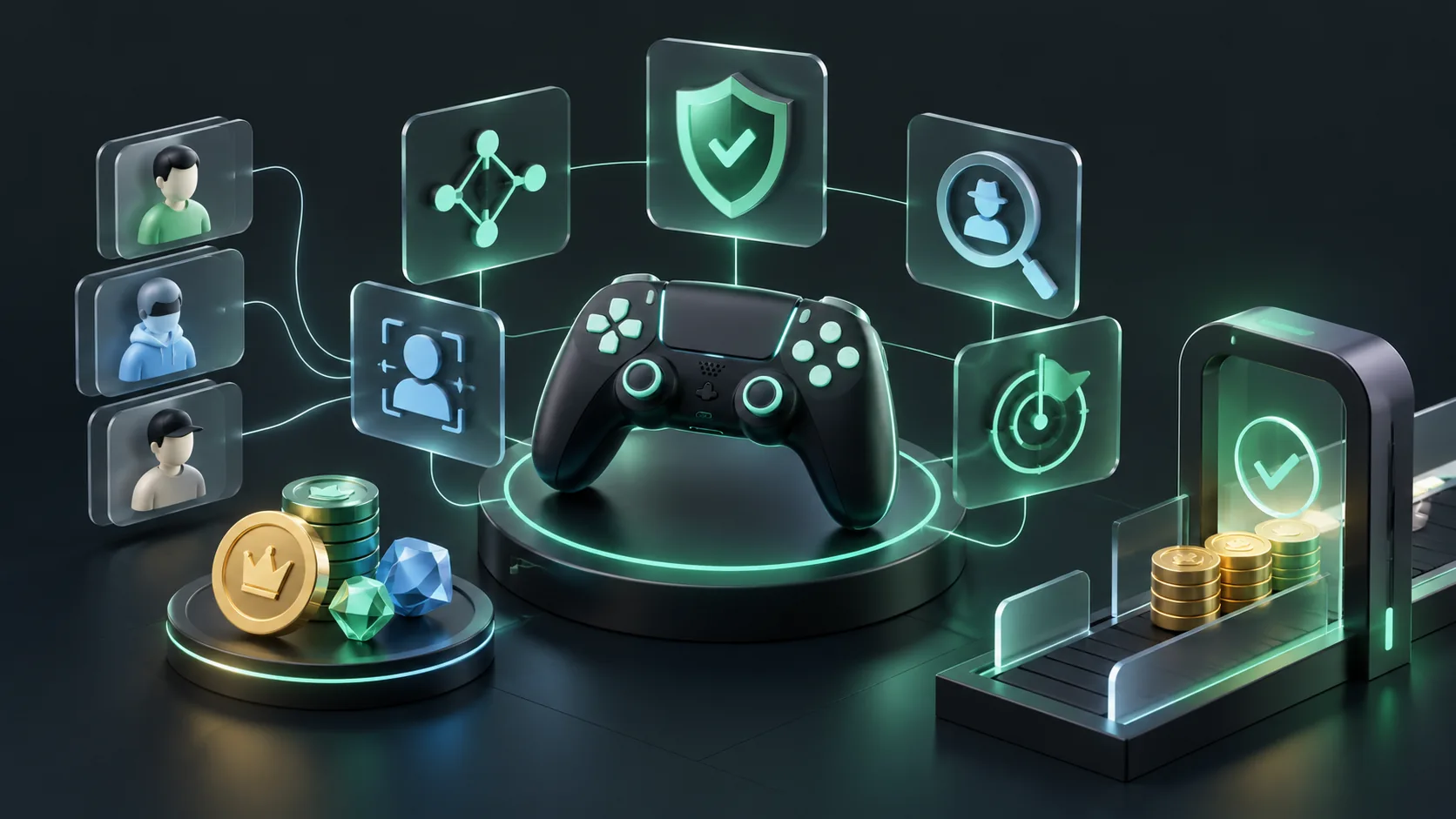 Gaming fraud prevention tools illustrated with player accounts, virtual rewards and payout review controls.