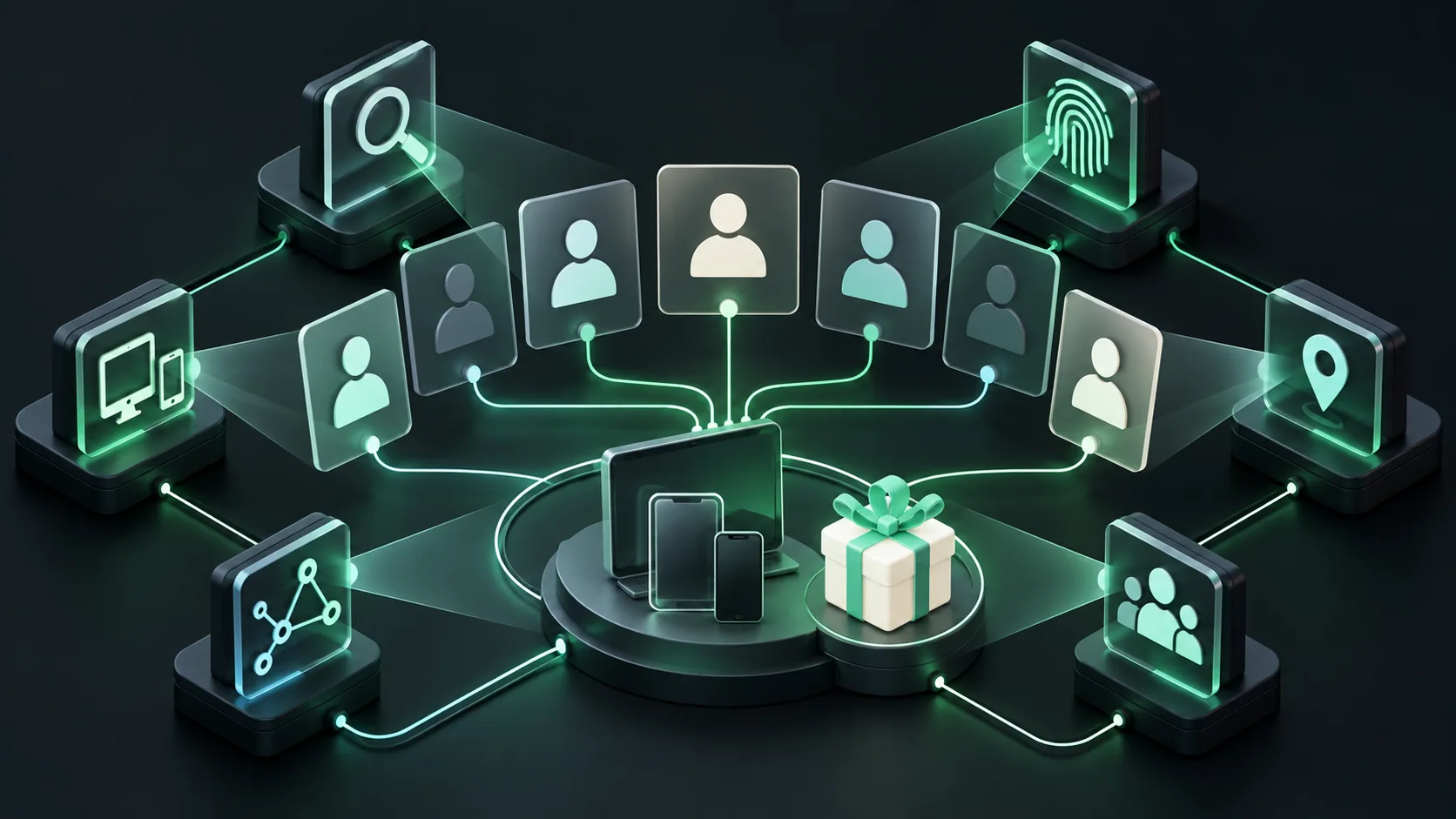 Multi-accounting detection tools illustrated with shared devices, linked accounts and reward claim evidence.