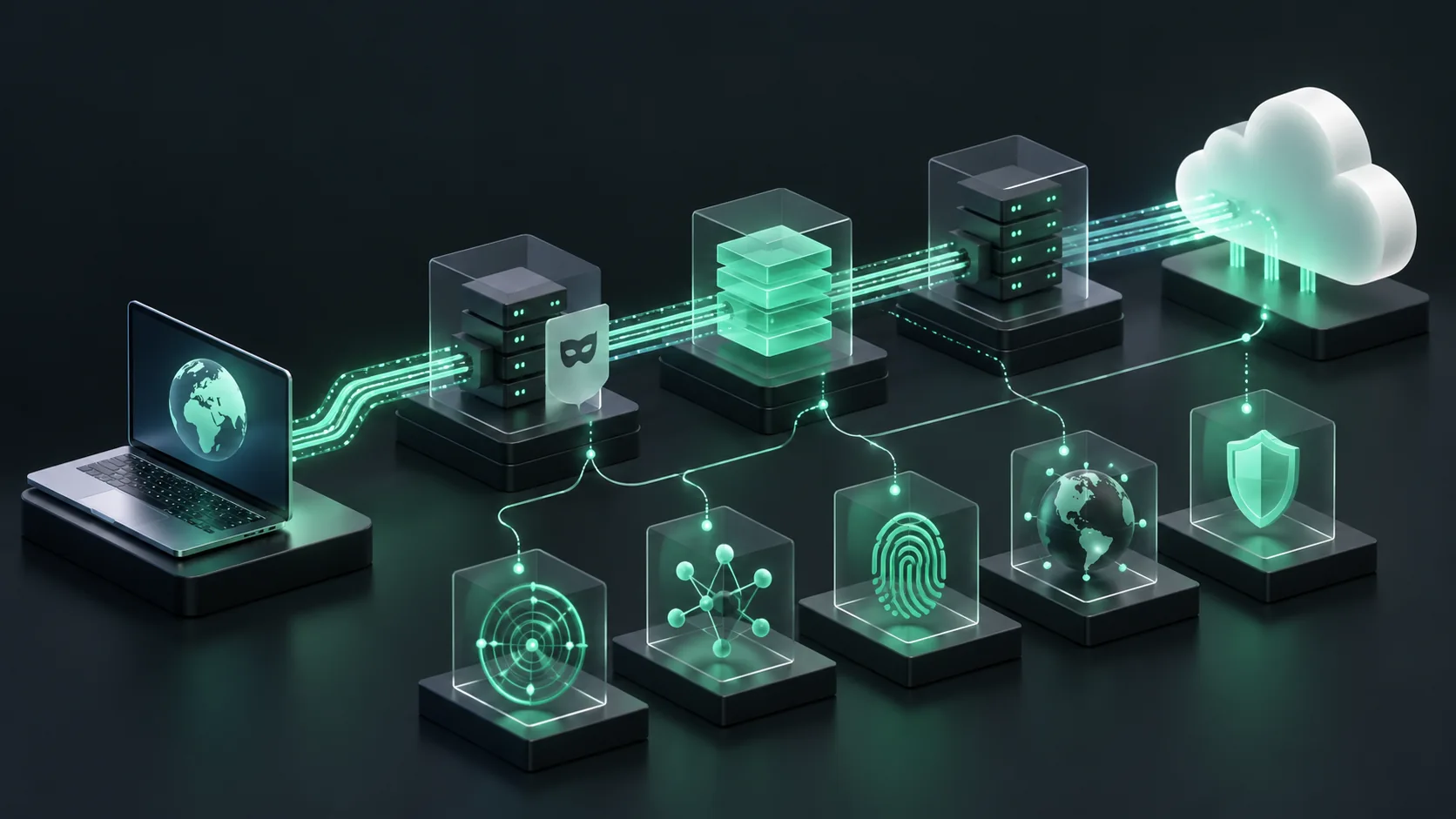VPN and proxy detection tools illustrated with routed connections, relay nodes and network intelligence modules.