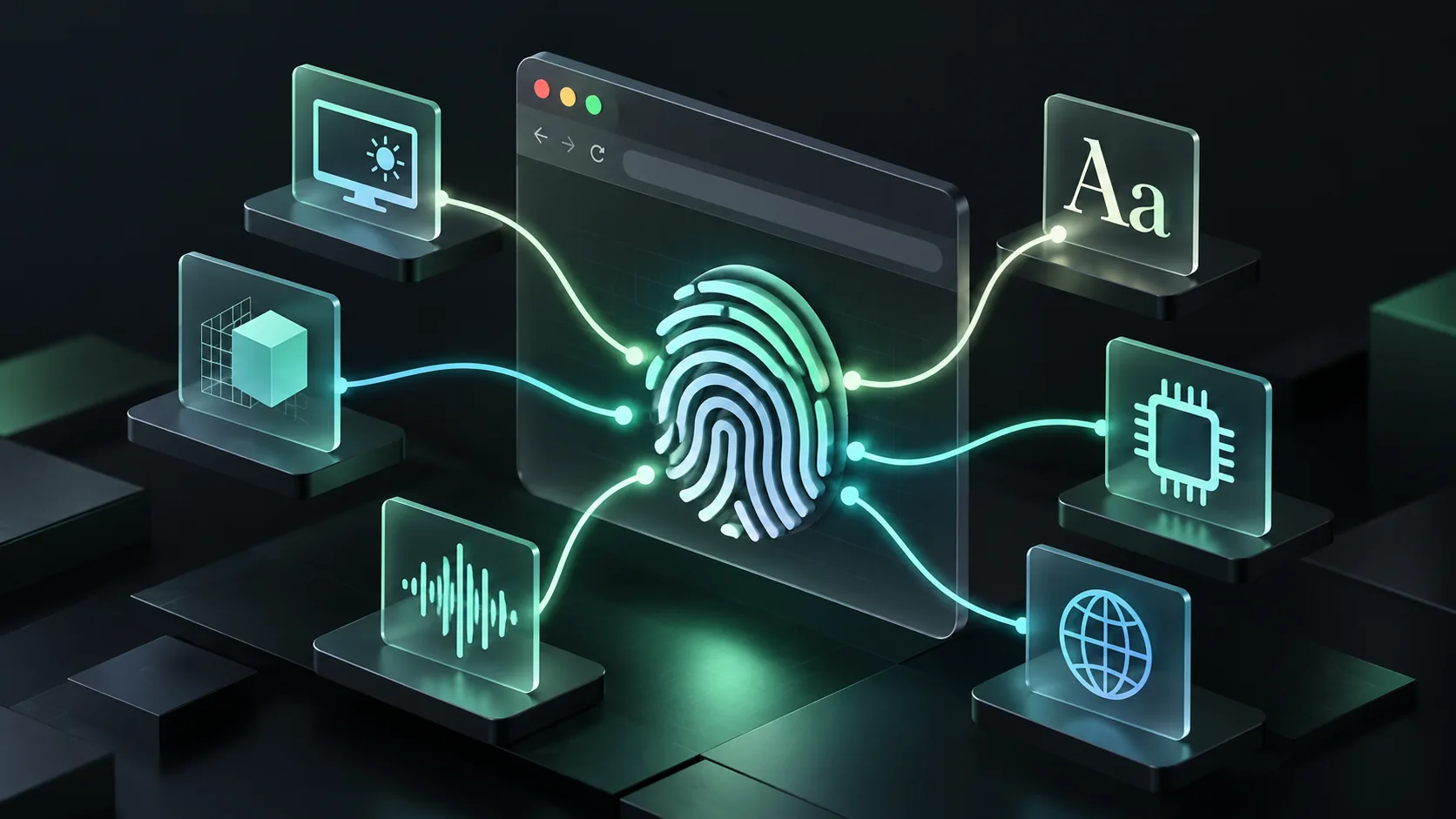 Browser fingerprinting techniques illustrated with graphics, audio, display and hardware signals.