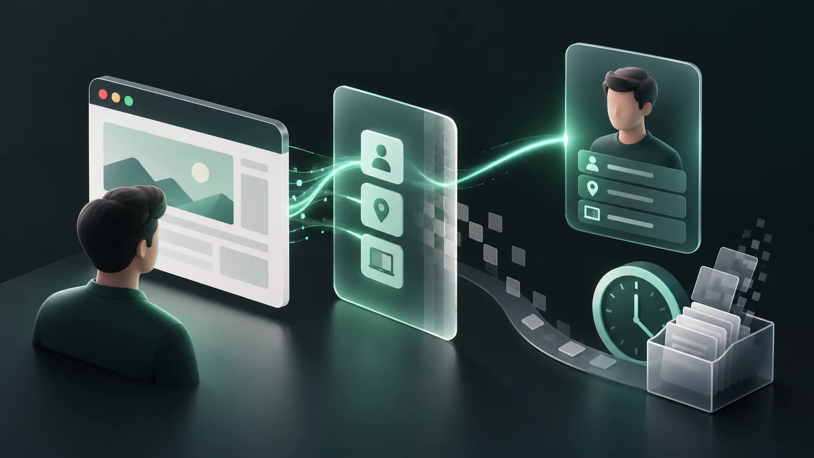 Cookieless visitor identification illustration showing browser evidence, privacy controls and limited retention.