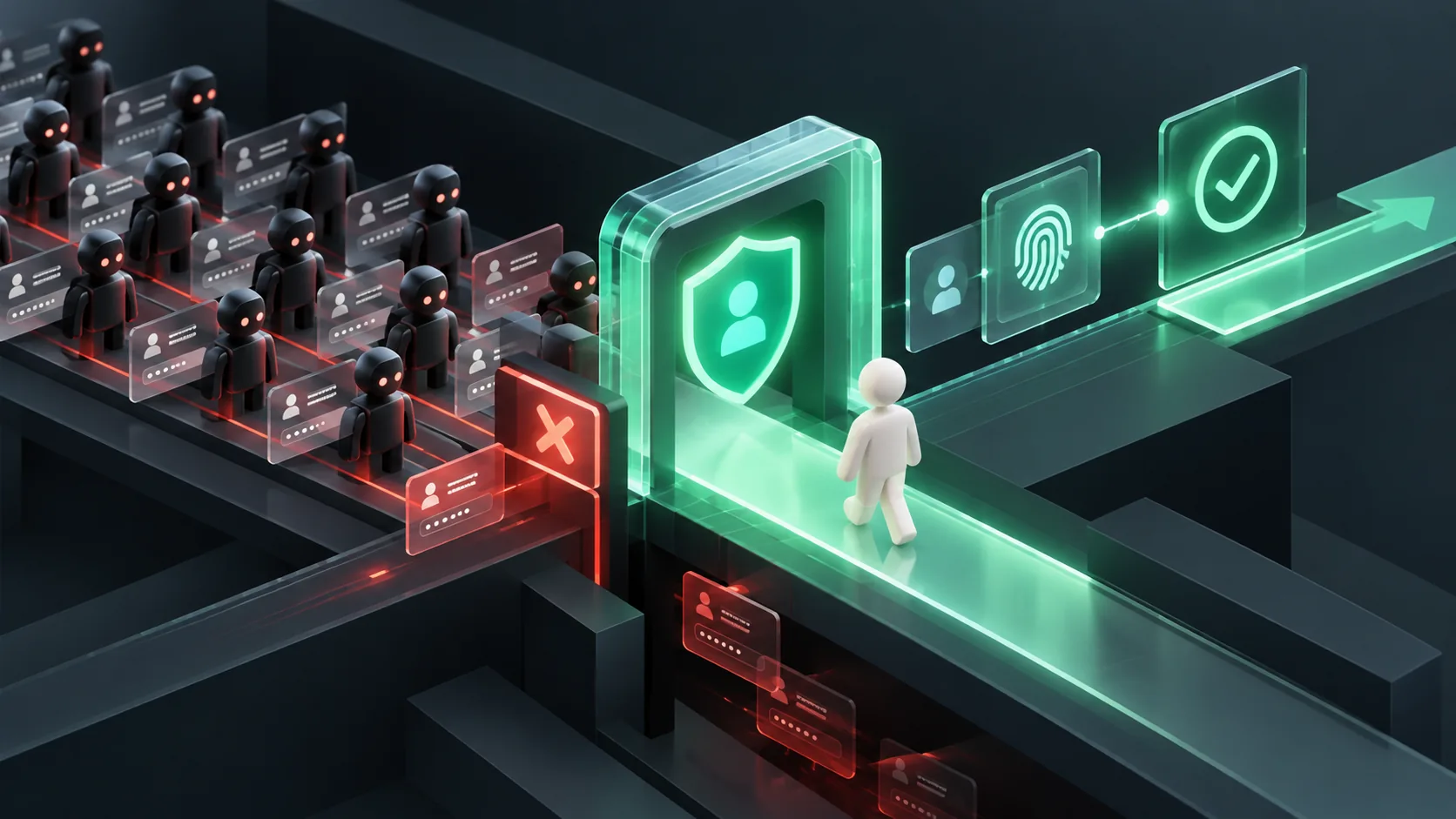 Credential stuffing prevention illustration showing repeated logins, session evidence and a passkey step-up path.