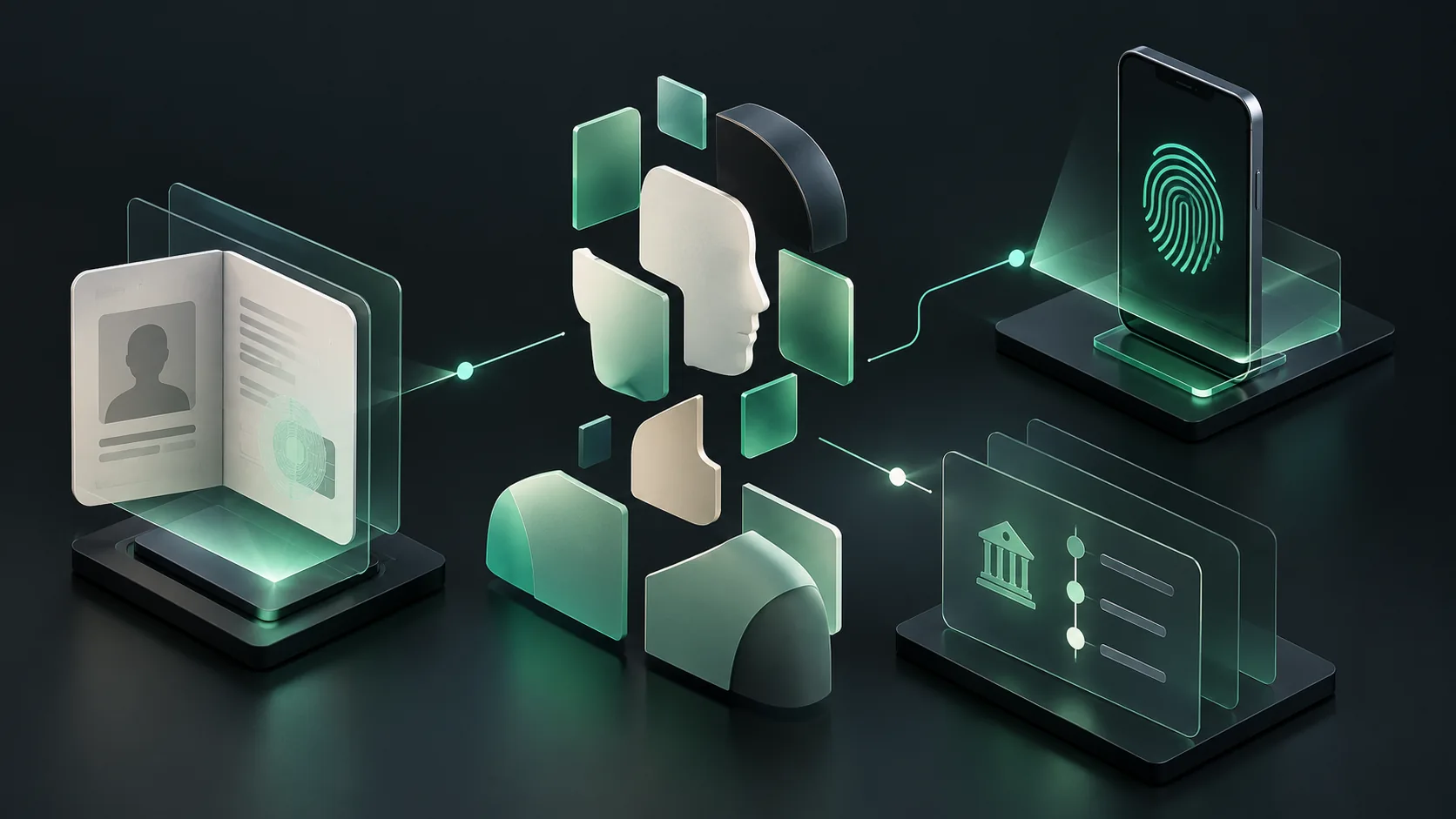 Synthetic identity fraud illustration showing assembled identity attributes and independent evidence review.